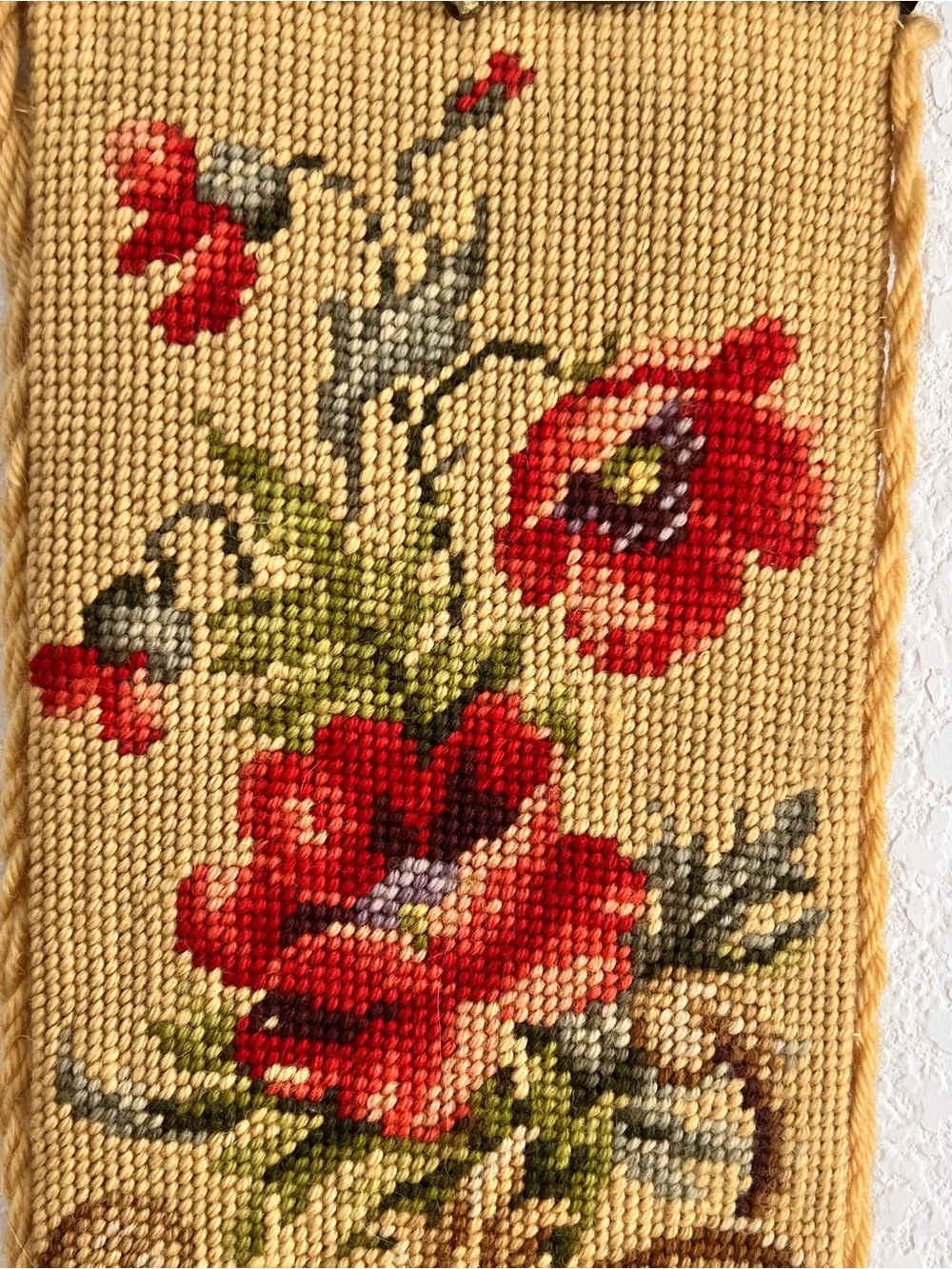 Vintage Floral Needlepoint Bell Pull Wool Velvet  Brass 63”
